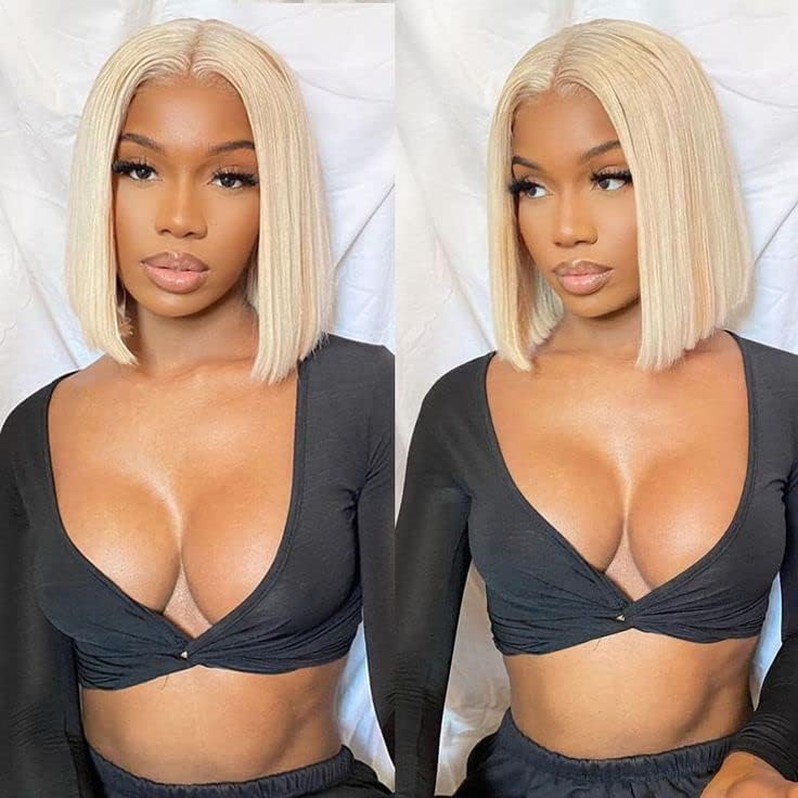 Image of a very beautiful brown skin woman wearing a luxurious #613 blonde straight bob wig | Uniquely Tamed Hair