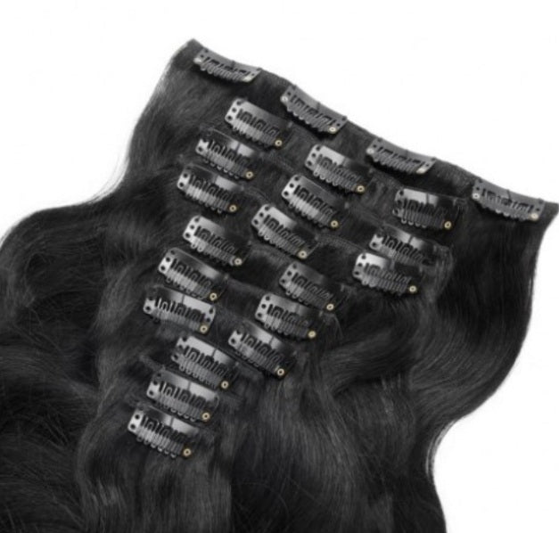 image of #1 jet black black unprocessed virgin human hair body wave clip in extension | Uniquely Tamed Hair