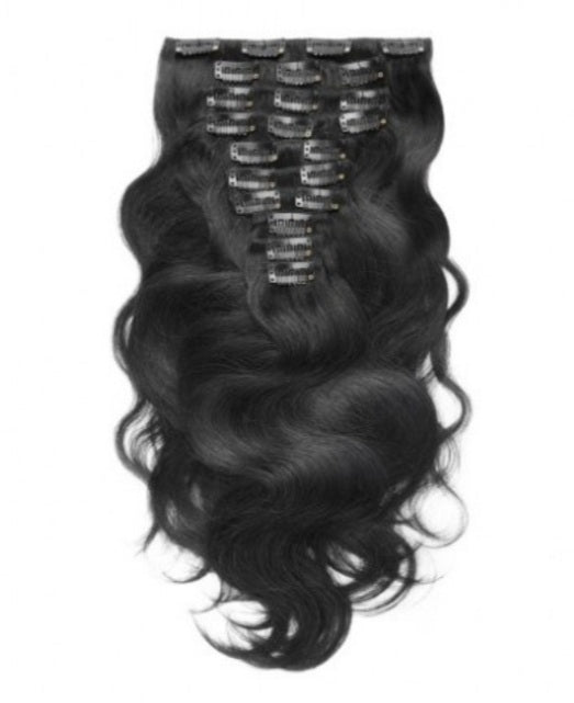 image of #1 jet black black unprocessed virgin human hair body wave clip in extension | Uniquely Tamed Hair