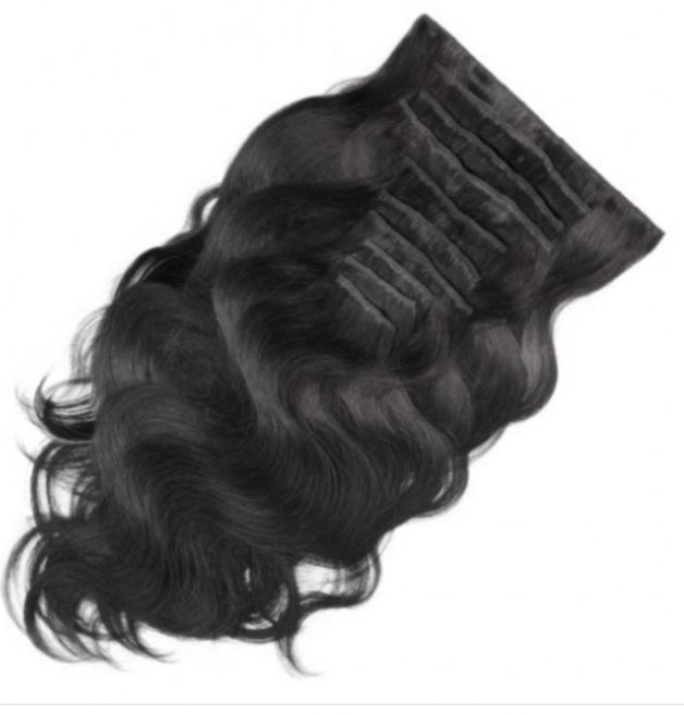 image of #1 jet black black unprocessed virgin human hair body wave clip in extension | Uniquely Tamed Hair